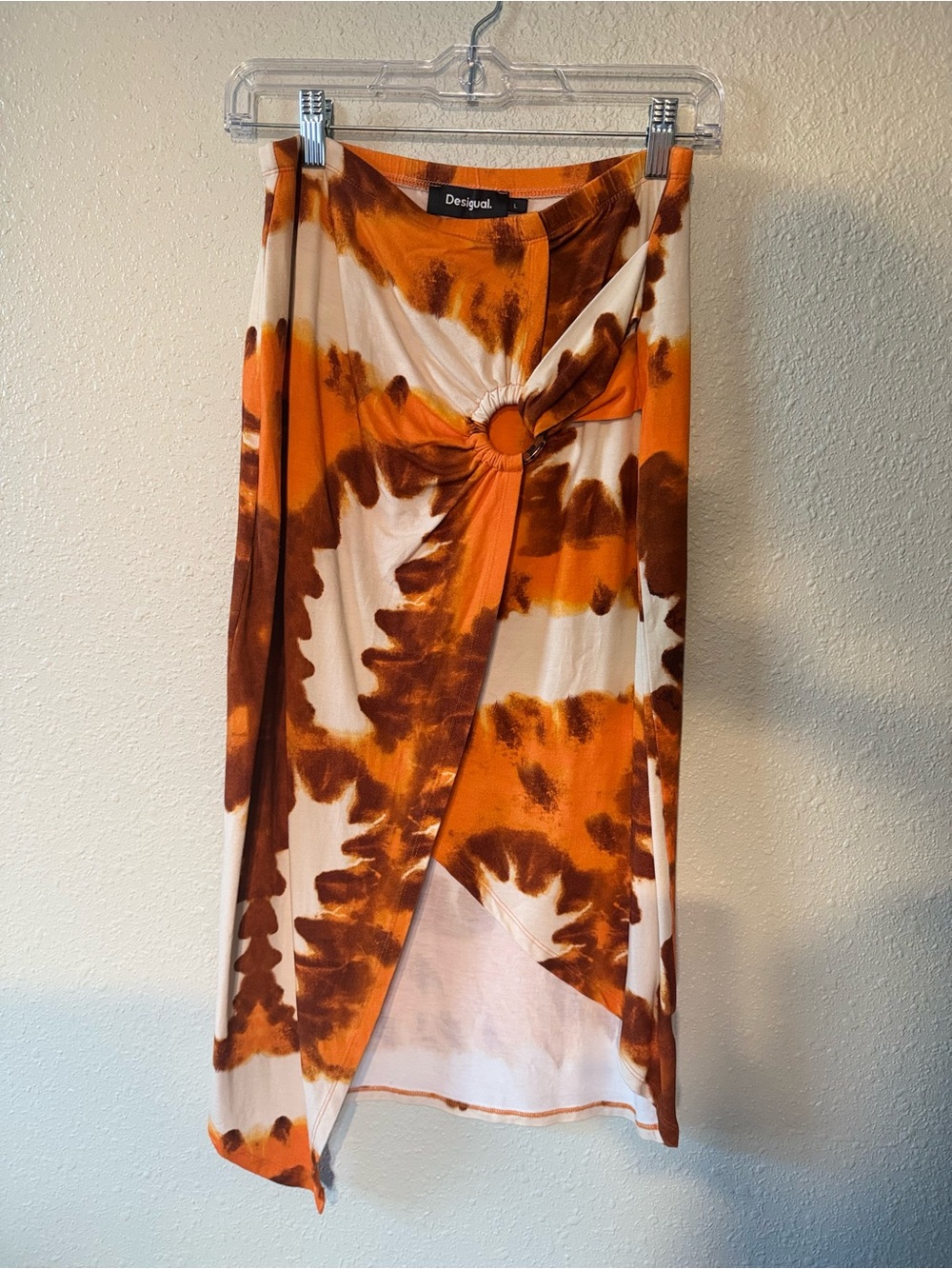 Desigual Orange, Brown & White Ring-Front Wrap Skirt Spanish L is US M